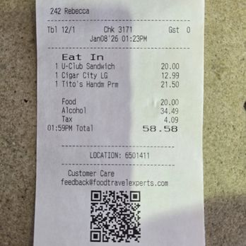 Ulele Bar - 2026-1-8 Receipt - Bars Near Me - Tampa, Florida