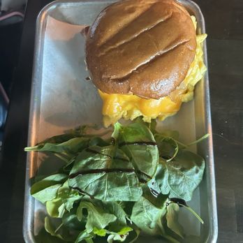 CRAFT Bayside - Breakfast Sandwich Bacon, Scrambled Eggs, Cheddar Cheese, Tomato Relish, Green Salad - Breakfast & Brunch Near Me - Miami, Florida