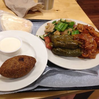 Garlic 'n Lemons - Kibbeh on left; 3-item vegetarian plate on right - Middle Eastern Near Me - Boston, Massachusetts Garlic 'n Lemons - Kibbeh on left; 3-item vegetarian plate on right - Middle Eastern Near Me - Boston, Massachusetts