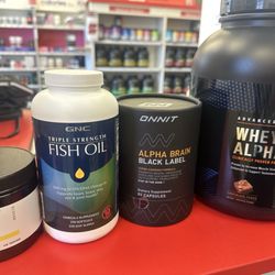 GNC - Protein,Fishoil,creatine and alpha brain focus love it.