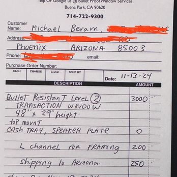Bullet Proof Window Services - Invoice with $200 charge for frame which he never shipped - Windows Installation Near Me - Buena Park, California Bullet Proof Window Services - Invoice with $200 charge for frame which he never shipped - Windows Installation Near Me - Buena Park, California