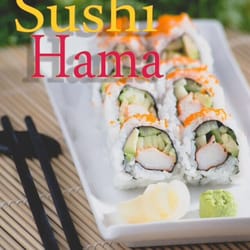 Sushi Hama - California maki roll. Cucumber avocado crab & masago (fish eggs) on top.