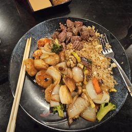 Filet mignon and prawns Filet mignon and prawns