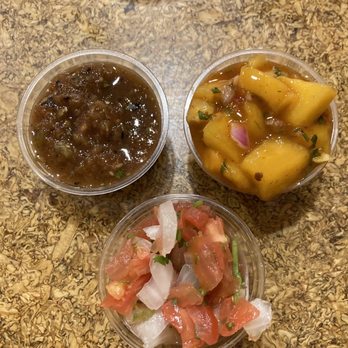 Taco Trio - Medium Salsa top left. Mango salsa top right. "Regular" or "Standard" Salsa aka Pico de Gallo - Mexican Near Me - South Portland, Maine Taco Trio - Medium Salsa top left. Mango salsa top right. "Regular" or "Standard" Salsa aka Pico de Gallo - Mexican Near Me - South Portland, Maine