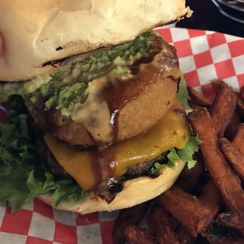 Burly Burger - The Duke...cheddar cheese, BBQ and onion rings. I swapped the bacon for avocado. Incredible!!! - American Near Me - South Weber, Utah Burly Burger - The Duke...cheddar cheese, BBQ and onion rings. I swapped the bacon for avocado. Incredible!!! - American Near Me - South Weber, Utah