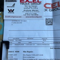 Excel Truck Group - Roanoke - Invoice for services from Excel Truck Group. They had a printer in their mobile service truck. Excellent idea.