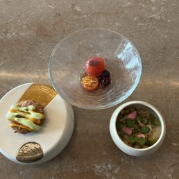 Fried green tomato, tomato in tea and chow chow Fried green tomato, tomato in tea and chow chow