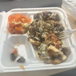 Steak&shrimp side of teriyaki&white sauce w carrots! Steak&shrimp side of teriyaki&white sauce w carrots!