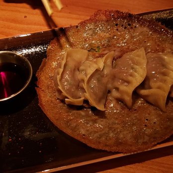 RAMEN-SAN - Wagyu gyoza ($13): five tasty steamed dumplings w/shoyu dipping sauce and crispy crepe-like item - Ramen Near Me - Chicago, Illinois