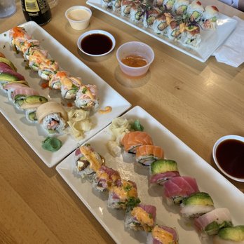 Sushi Nine - Rainbow Roll, Flaming Salmon, Crunchy Tuna Roll, Mr. Wuf Roll, and Monthly special roll - Sushi Bars Near Me - Raleigh, North Carolina Sushi Nine - Rainbow Roll, Flaming Salmon, Crunchy Tuna Roll, Mr. Wuf Roll, and Monthly special roll - Sushi Bars Near Me - Raleigh, North Carolina