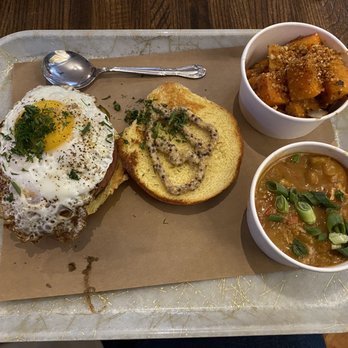 Grace Meat + Three - Fried bologna sandwich with gumbo and squash. - Southern Near Me - St Louis, Missouri