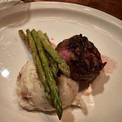 Flame Grill & Bar - Bacon wrapped filet, mashed potatoes, and asparagus