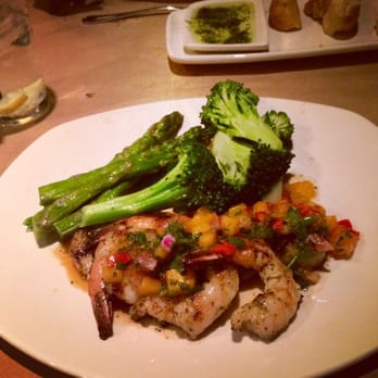 Bonefish Grill - Grilled shrimp and scallops with mango salsa with a side of steamed broccoli and asparagus - Seafood Near Me - Huntsville, Alabama Bonefish Grill - Grilled shrimp and scallops with mango salsa with a side of steamed broccoli and asparagus - Seafood Near Me - Huntsville, Alabama