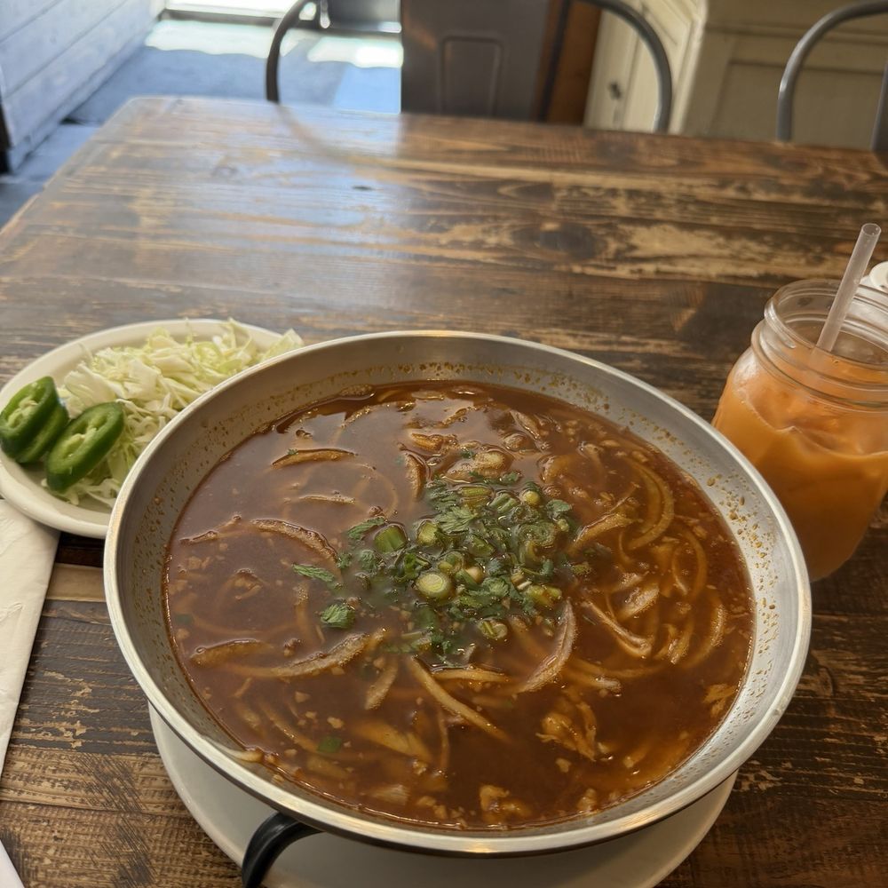 Birria pho + Thai iced tea