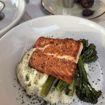 Relish - Salmon, I subbed out my sides for the mash and broccolini. - Breakfast & Brunch Near Me - Houston, Texas