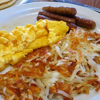 Denny's - a breakfast of eggs, hash browns, sausages and pancakes - American Near Me - Red Bluff, California