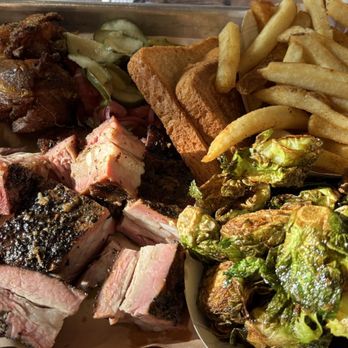 Federalist Pig - Two Step Platter w/ chicken wings, Pork Rib Tips, Brussels sprouts, and French fries - Barbeque Near Me - Washington, DC, District of Columbia