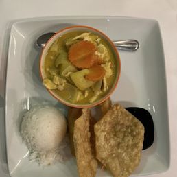 Yellow Curry with Chicken Special with Soup (not pictured) and Egg Roll, Fried Shrimp.