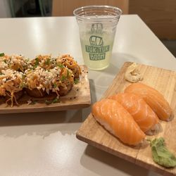 Crispy rice bites and salmon nigiri