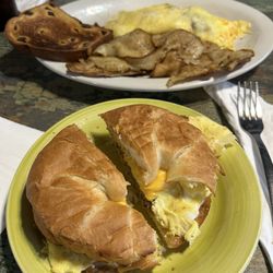 Egg, cheese, & sausage croissant. Build your own omelette with potatoes.