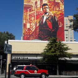 Johnny Cash Mural - Mural with fire truck in foreground