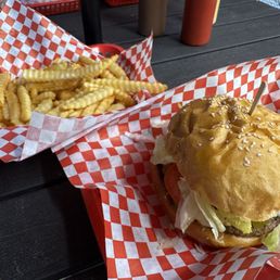 Papa Bakery cheeseburger with classic crinkle cut fries. Super fresh and delicious. Papa Bakery cheeseburger with classic crinkle cut fries. Super fresh and delicious.