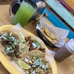 La Fogata Restaurant - The full taco spread with a Cucumber agua Fresca.