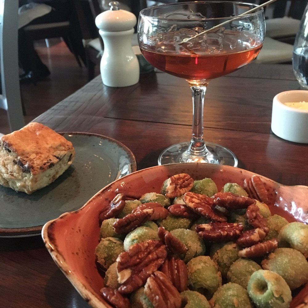 Gemma - Fried olives, Manhattan, and scone. A fantastic start to the meal - French Near Me - Dallas, Texas Gemma - Fried olives, Manhattan, and scone. A fantastic start to the meal - French Near Me - Dallas, Texas