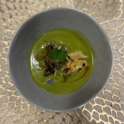 Chef Rebecca Clarke - My favorite dish -- Smokey Shrimp Shu Mai with Sweet Pea Broth, chile oil