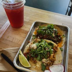 Hibiscus tea, chicken and beef tacos.