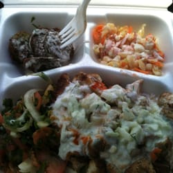 Atip Food Truck - Chicken and rice hot sauce white sauce. Side: falafel and salad