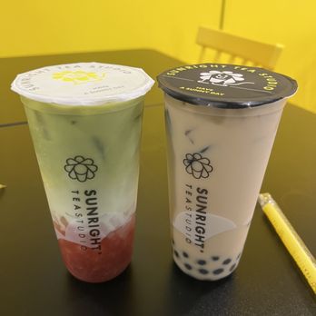 Sunright Tea Studio - Upland - strawberry matcha latte 75% sugar w honey boba and lychee jasmine milk tea 75% sugar w brown sugar boba - Bubble Tea Near Me - Upland, California