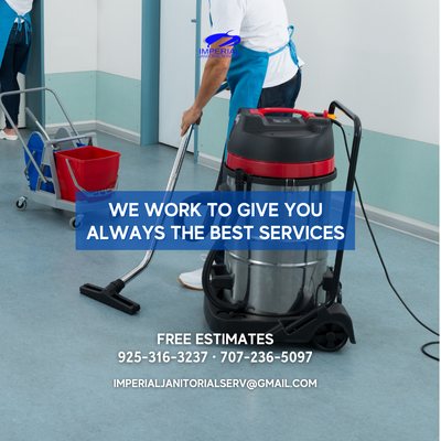 Office Cleaning Services - Imperial Janitorial Services is your one stop shop for all of your home or office cleaning needs. We are punctual, efficient and affordable! Give us a call today for a free estimate.
Work Specifications
Carpet cleaning is performed to remove stains, dirt, odor, and allergens from carpets. Our methods include hot water extraction, dry-cleaning/steam, and vacuuming.
Steam Cleaners - clean your sealed hard surfaces. These machines use only water and heat to deliver a chemical-free clean.
Floor Steam/Scrubbing - remove accumulated surface dirt/dust, grime, and non-permanent stains from the Tile.
Note: We also do carpet stretching and repair, floor waxing and polish. Price is upon estimate. Office Cleaning Services - Imperial Janitorial Services is your one stop shop for all of your home or office cleaning needs. We are punctual, efficient and affordable! Give us a call today for a free estimate.
Work Specifications
Carpet cleaning is performed to remove stains, dirt, odor, and allergens from carpets. Our methods include hot water extraction, dry-cleaning/steam, and vacuuming.
Steam Cleaners - clean your sealed hard surfaces. These machines use only water and heat to deliver a chemical-free clean.
Floor Steam/Scrubbing - remove accumulated surface dirt/dust, grime, and non-permanent stains from the Tile.
Note: We also do carpet stretching and repair, floor waxing and polish. Price is upon estimate.