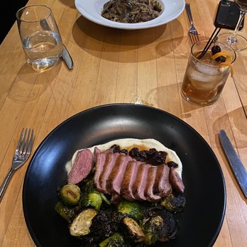 Savona - Rohan Duck Breast and Mafaldine with an speciality cocktail based as an old fashion. - Italian Near Me - Gulph Mills, Pennsylvania Savona - Rohan Duck Breast and Mafaldine with an speciality cocktail based as an old fashion. - Italian Near Me - Gulph Mills, Pennsylvania