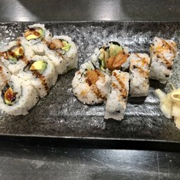 Eel avocado roll ($4.75) and shrimp tempura roll ($4.25)