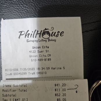 PhilHouse - Modifier Charge us $11 bill today 7/25/23. Charged for service with out notifying! 3/1/23 my bill receipt no Modifier. - Filipino Near Me - Hayward, California