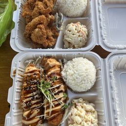 Chicken Katsu w/ Mac salad and rice (top plate) Baked dynamite salmon w/ Mac salad and rice (bottom plate) Chicken Katsu w/ Mac salad and rice (top plate) Baked dynamite salmon w/ Mac salad and rice (bottom plate)