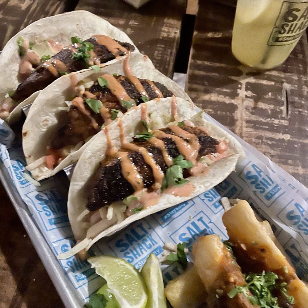 Salt Shack - Fish (Blackened Grouper) Tacos. Loved them. Yuca Fries with a slightly spicy sauce. - Seafood Near Me - Clermont, Florida Salt Shack - Fish (Blackened Grouper) Tacos. Loved them. Yuca Fries with a slightly spicy sauce. - Seafood Near Me - Clermont, Florida