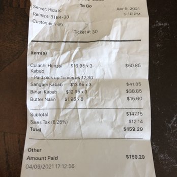Mai Colachi - a receipt for a customer - Pakistani Near Me - Plano, Texas