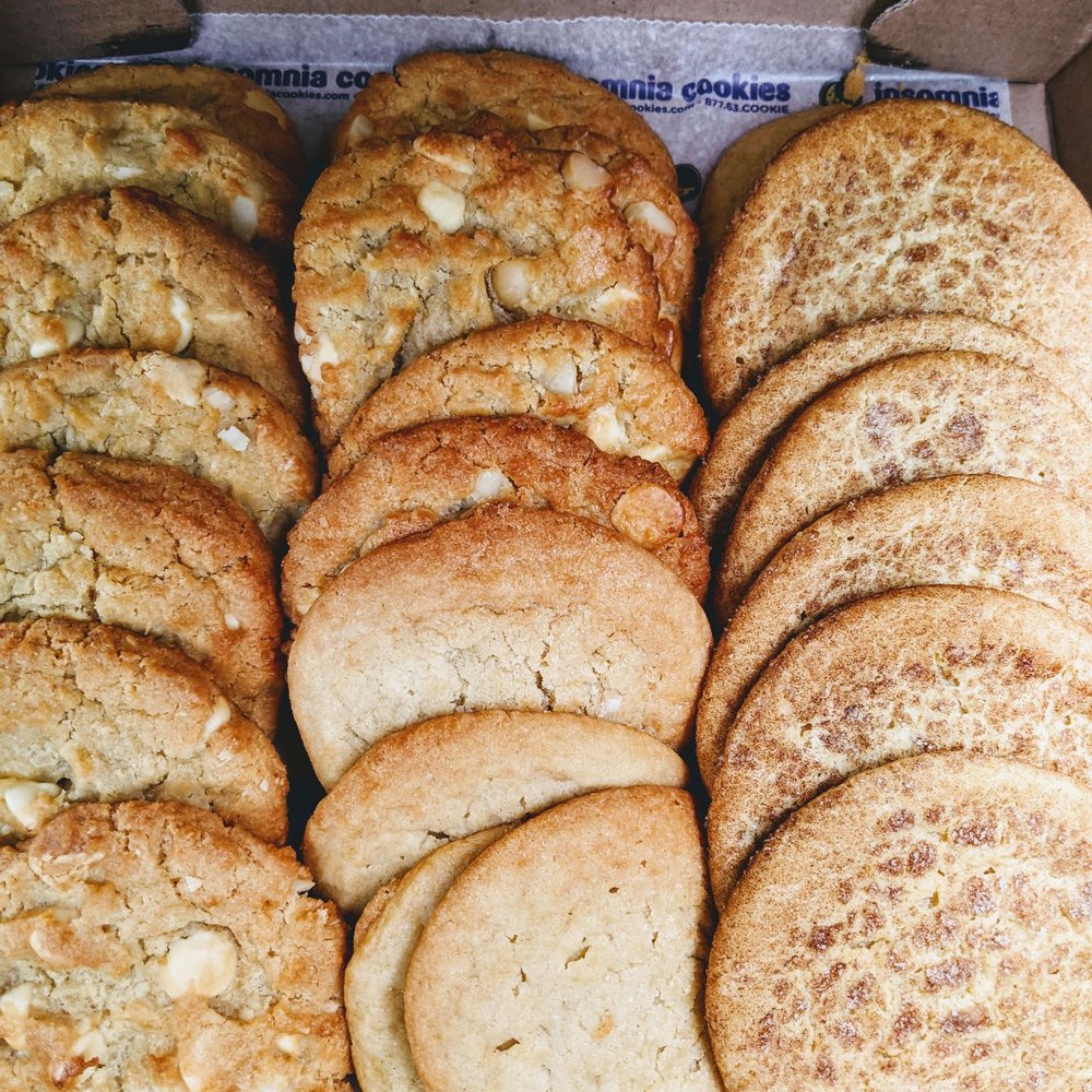Insomnia Cookies - Box of 2-dozen: White Chocolate Macadamia Nut, Sugar, and Snickerdoodles. - Ice Cream & Frozen Yogurt Near Me - San Francisco, California Insomnia Cookies - Box of 2-dozen: White Chocolate Macadamia Nut, Sugar, and Snickerdoodles. - Ice Cream & Frozen Yogurt Near Me - San Francisco, California