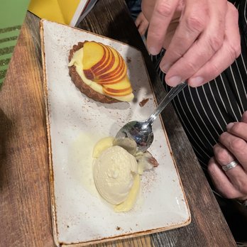 Gard Public House - Bonus lemon tart with fresh peach and ice cream made in house. Delicious!!! - Wine Tasting Room Near Me - Royal City, Washington Gard Public House - Bonus lemon tart with fresh peach and ice cream made in house. Delicious!!! - Wine Tasting Room Near Me - Royal City, Washington