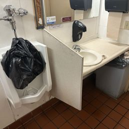 Broken toilet, overflowing trash. Needs updating.