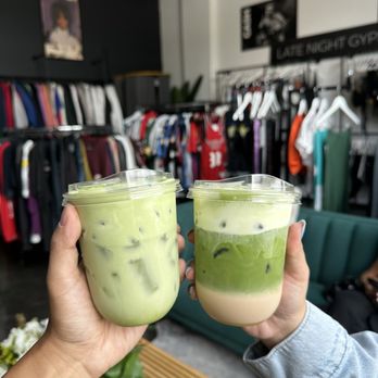Ren Coffee Cart - Coconut Cloud Matcha (left) & Matcha Einspanner w/ pistachio milk (right) - Coffee & Tea Near Me - Davie, Florida Ren Coffee Cart - Coconut Cloud Matcha (left) & Matcha Einspanner w/ pistachio milk (right) - Coffee & Tea Near Me - Davie, Florida