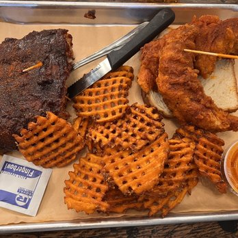 The Cookshack - Quarter rack of ribs and 2 tenders with Sweet Potato Fries and sweet heat sauce - Salad Near Me - Selma, Texas The Cookshack - Quarter rack of ribs and 2 tenders with Sweet Potato Fries and sweet heat sauce - Salad Near Me - Selma, Texas