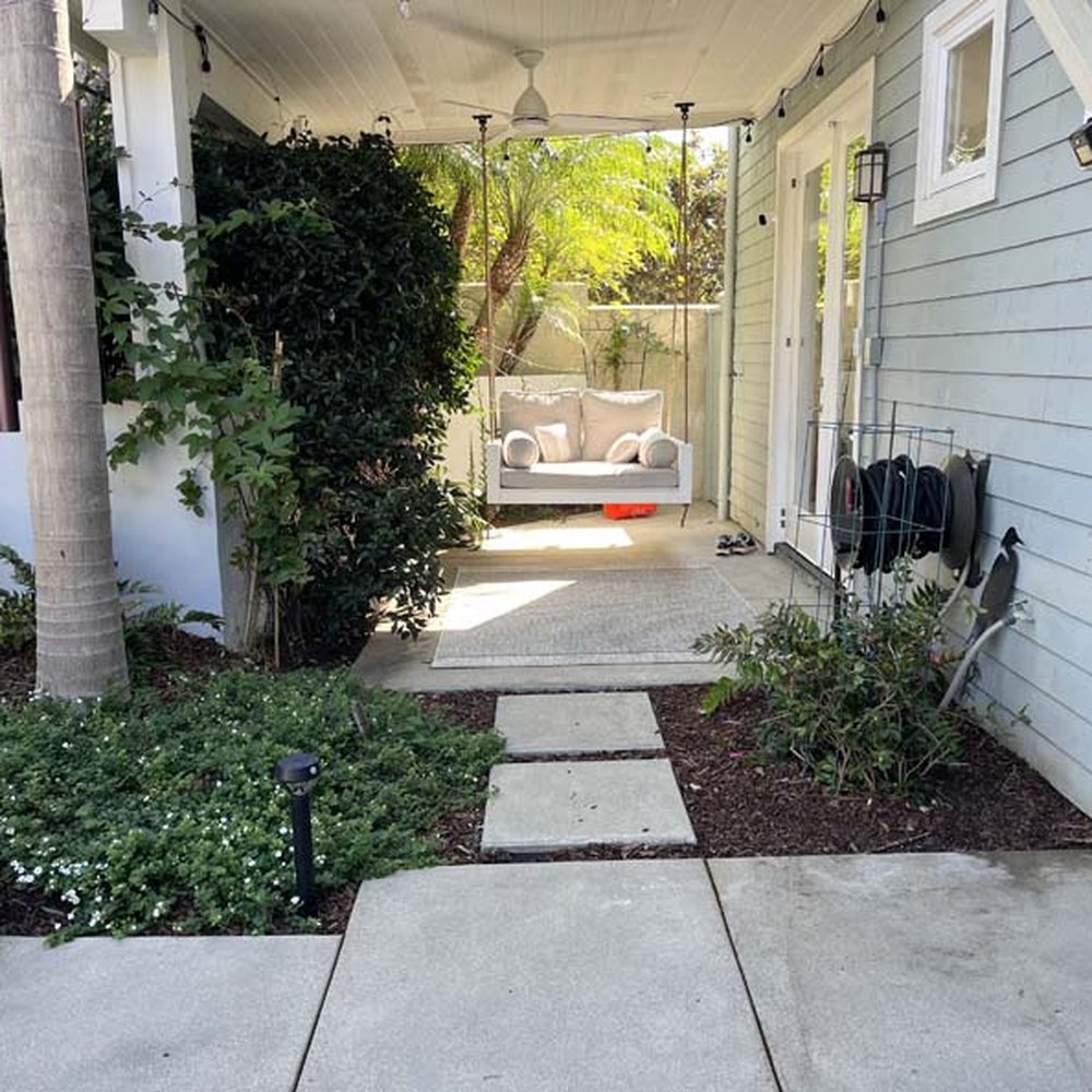 Smart Landscape - covered pergola with porch swing and dimmable lights and fan above - Landscaping Near Me - San Diego, California Smart Landscape - covered pergola with porch swing and dimmable lights and fan above - Landscaping Near Me - San Diego, California