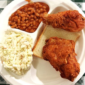 Gus's World Famous Fried Chicken - 2 Piece Dark plate with sides of beans and slaw - Southern Near Me - Memphis, Tennessee