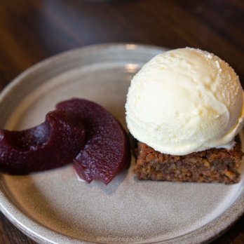 Poor Hendrix - Walnut Cake w/ poached apples & apple brandy ice cream. - New American Near Me - Atlanta, Georgia
