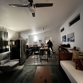 The Lincoln Marfa - Inside main room of #7 at night. - Hotels Near Me - Marfa, Texas