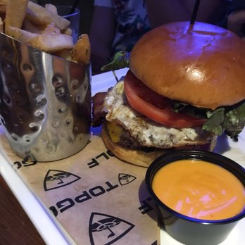 Topgolf - Burger with a sunny side up egg. - New American Near Me - Atlanta, Georgia Topgolf - Burger with a sunny side up egg. - New American Near Me - Atlanta, Georgia
