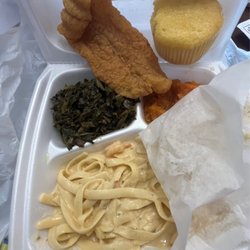 Lou"cille's Kitchen - Shrimp pasta, greens, yams, cornbread muffin, fish